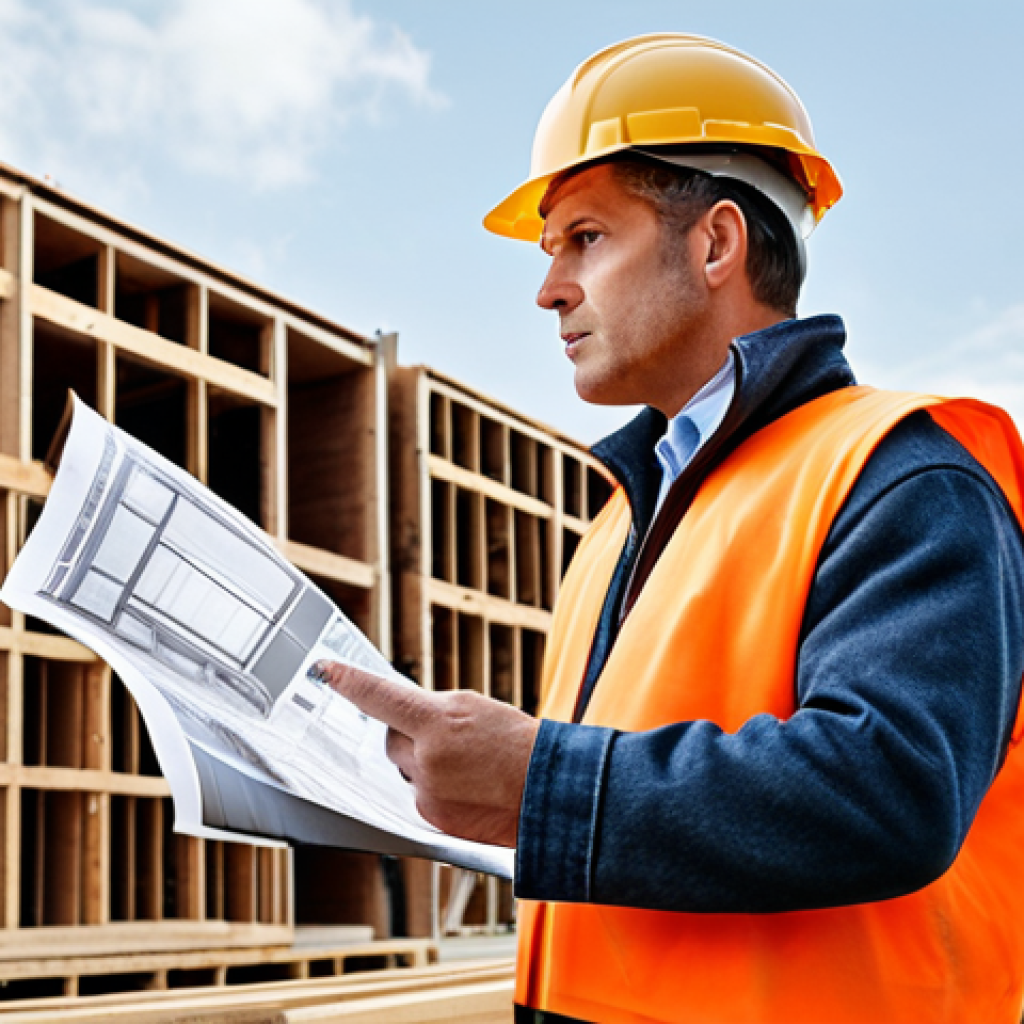 **

A construction engineer standing confidently on a building site, reviewing blueprints. He is surrounded by workers and modern construction equipment. The overall style is realistic and professional, emphasizing competence and leadership.

**