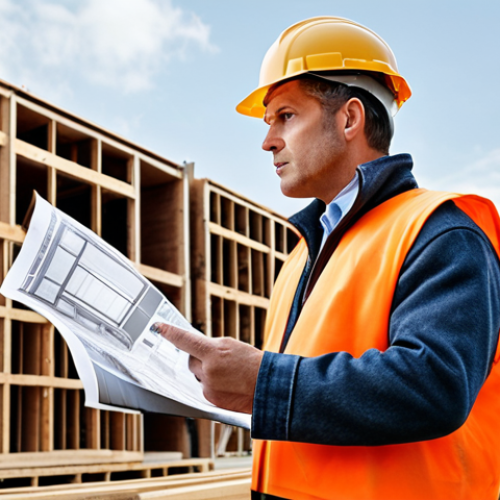 Home 4 **
A construction engineer standing confidently on a building site, reviewing blueprints. He is surrounded by workers and modern construction equipment. The overall style is realistic and professional, emphasizing competence and leadership.
**