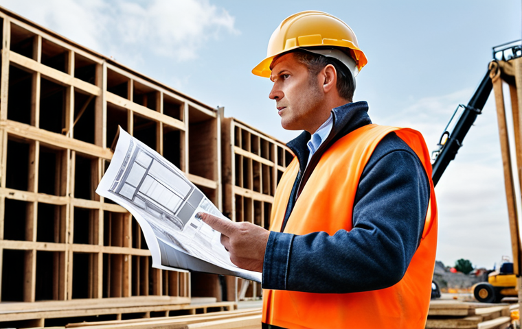 **

A construction engineer standing confidently on a building site, reviewing blueprints. He is surrounded by workers and modern construction equipment. The overall style is realistic and professional, emphasizing competence and leadership.

**