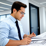 **

"A professional architect, fully clothed in a modest business attire, reviewing blueprints at a bright and modern architectural office. The office features drafting tables, computer workstations, and scale models. Appropriate content, safe for work, professional, perfect anatomy, correct proportions, well-formed hands, proper finger count, natural pose, high quality."

**