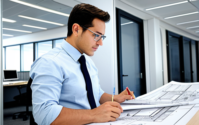**
"A professional architect, fully clothed in a modest business attire, reviewing blueprints at a bright and modern architectural office. The office features drafting tables, computer workstations, and scale models. Appropriate content, safe for work, professional, perfect anatomy, correct proportions, well-formed hands, proper finger count, natural pose, high quality."
**