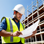 **

A professional architect in appropriate attire, reviewing blueprints on a construction site. Hard hat and safety vest are visible. Background shows a partially constructed building with scaffolding. Perfect anatomy, correct proportions, well-formed hands, natural pose, fully clothed, safe for work, appropriate content, professional.

**