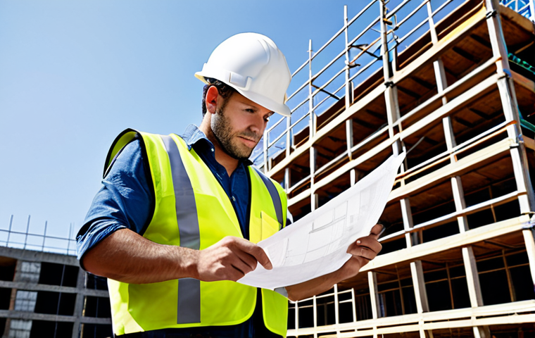 **
A professional architect in appropriate attire, reviewing blueprints on a construction site. Hard hat and safety vest are visible. Background shows a partially constructed building with scaffolding. Perfect anatomy, correct proportions, well-formed hands, natural pose, fully clothed, safe for work, appropriate content, professional.
**