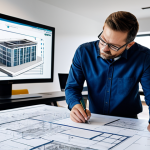 A modern architect in a professional environment, reviewing a detailed BIM model of a sustainable building on a large display, surrounded by blueprints and design tools. The architect is fully clothed in appropriate attire, safe for work, perfect anatomy, natural proportions, professional, modest, family-friendly.