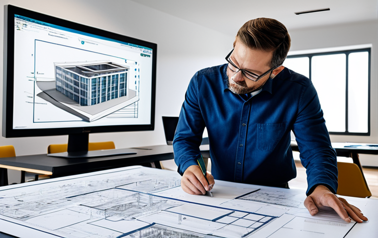 A modern architect in a professional environment, reviewing a detailed BIM model of a sustainable building on a large display, surrounded by blueprints and design tools. The architect is fully clothed in appropriate attire, safe for work, perfect anatomy, natural proportions, professional, modest, family-friendly.