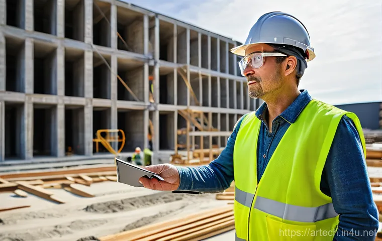 건축기술사 실무 사례 - **Prompt:** A weathered but confident Architectural Construction Engineer, a man in his late 40s, st...