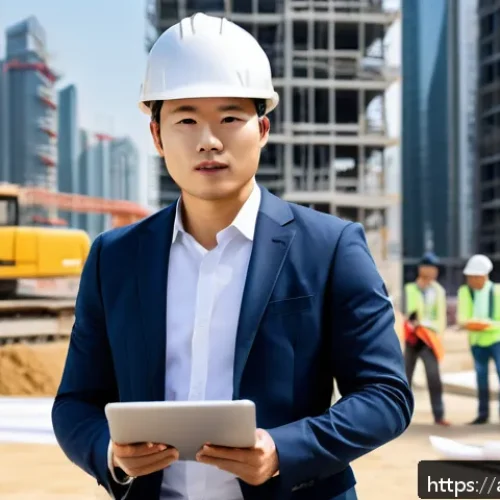 Home 28 건축기술사 자격증 유지 조건 - A professional male architect wearing business casual attire and safety helmet, standing confidently...
