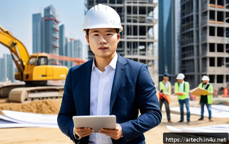 건축기술사 자격증 유지 조건 - A professional male architect wearing business casual attire and safety helmet, standing confidently...