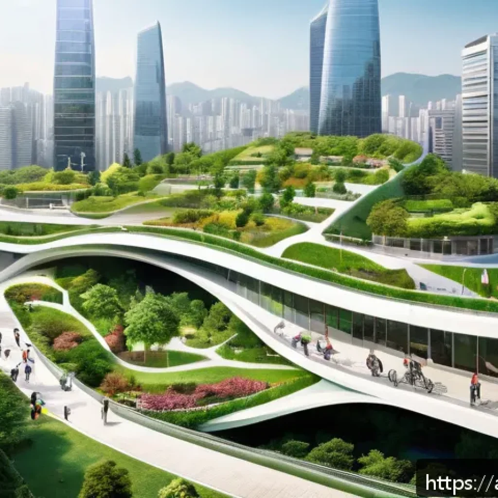 건축기술사와 도시계획 전문가 협업 사례 - A futuristic urban park design showcasing multi-level connectivity: elevated green walkways seamless...