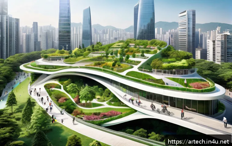 건축기술사와 도시계획 전문가 협업 사례 - A futuristic urban park design showcasing multi-level connectivity: elevated green walkways seamless...