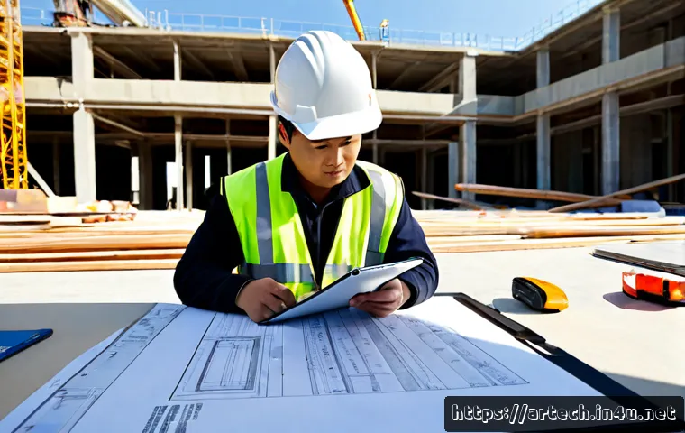 건축기술사와 실무 프로젝트 관리 - Photorealistic architectural engineering project management scene, experienced engineer in a hard ha...
