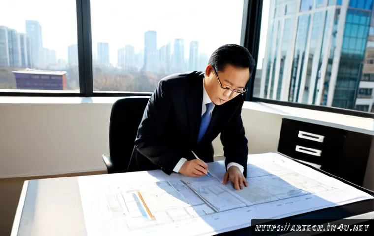 건축기술사로서의 커리어 업그레이드 - Photorealistic senior architectural engineer in a tailored business suit reviewing a detailed buildi...